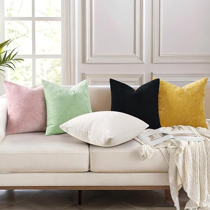 decorUhome Chenille Black Spring Euro Sham Throw Pillow Covers 24x24 Inch Set of 2, Decorative Soft Couch Pillow Covers Solid Dyed Accent Farmhouse Neutral Square Pillow Cases for Sofa