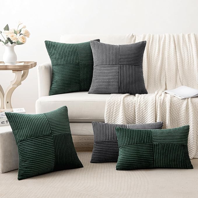 MIULEE Army Green Decorative Throw Pillow Covers 20x20 Inch for Couch Bed Sofa Pack of 2 Boho Farmhouse Throw Pillows Soft Cross Corduroy Patchwork Textured Cushion Cases