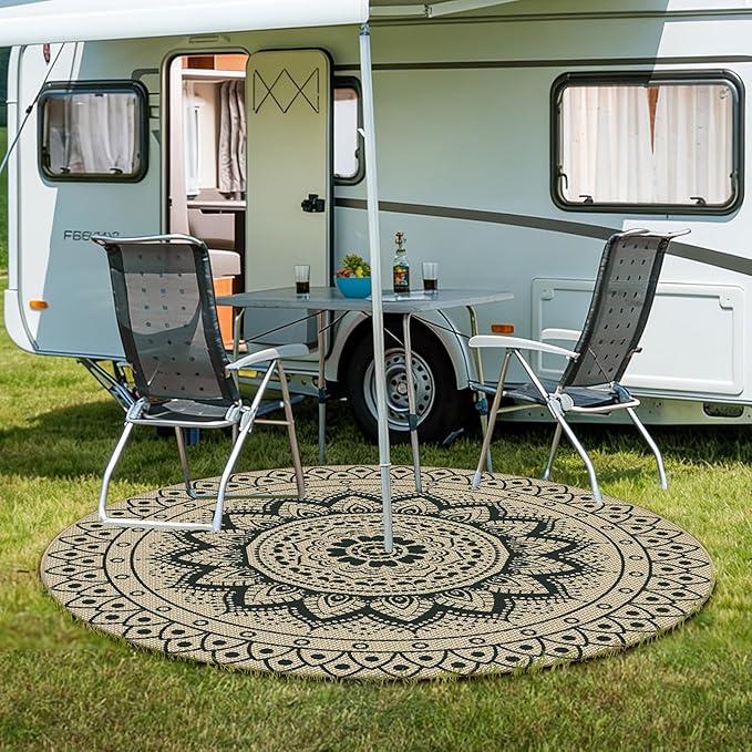 Outdoor Round Rug 6ft, Easy Jute Rug Washable Indoor Outdoor Patio Rug, Non Slip Round Area Rug Farmhouse Front Door Mat,Boho Lightweight Carpet for Backyard Patio Entry(Black, 6 Ft)