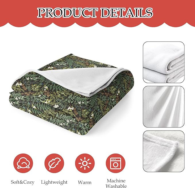 Plant Blanket, Dark Green Botanical Wildflower Plant Fern Leaves Decorative Throw Blanket for Couch Sofa Bed, Dark Green Throw Blanket for Living Room Bedroom Decor, 50x60 Inches