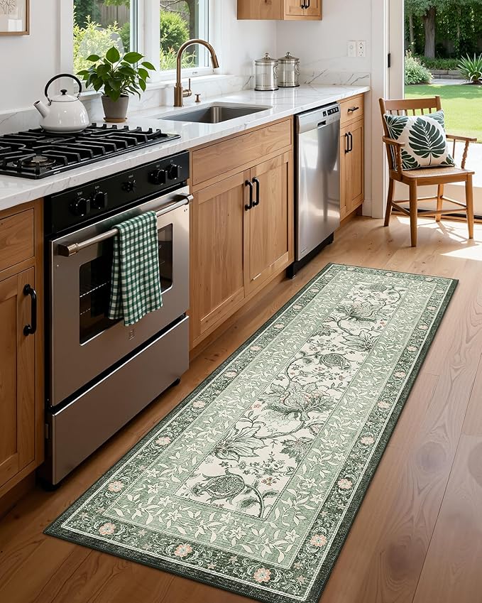 GarveeHome Sage Green 2.5 x 8 Washable Kitchen Runner Rugs Non Slip Provence Vintage Boho Cottage Long Rug for Hallways Bedroom Entryway Bathroom Mat with Rubber Back