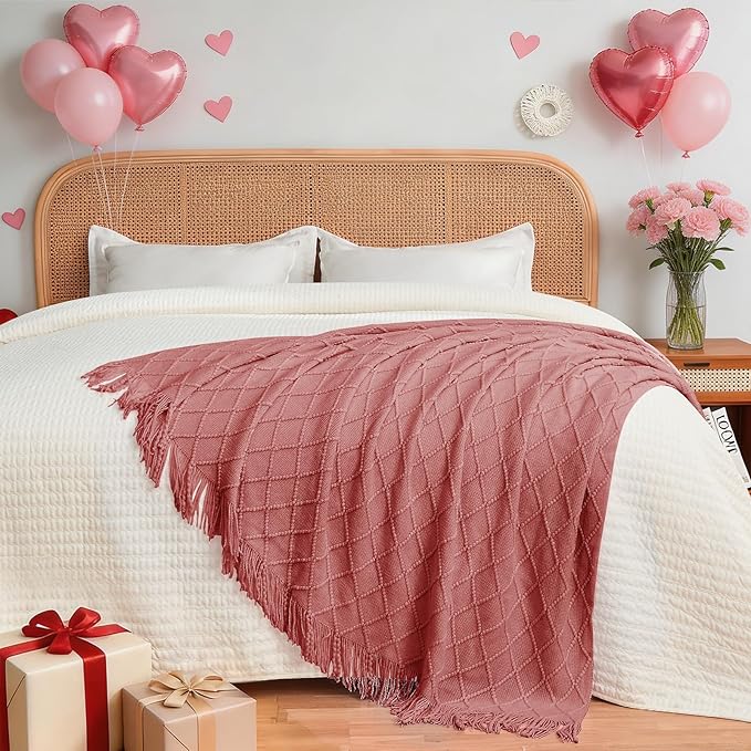 inhand Coral Pink Knitted Throw Blanket for Couch Bed, Mothers Day/Mom Birthday Gifts for Mom from Daughter Son, Soft Lightweight with Tassels, Farmhouse Warm Decorative Blanket for Women, 60"x80"