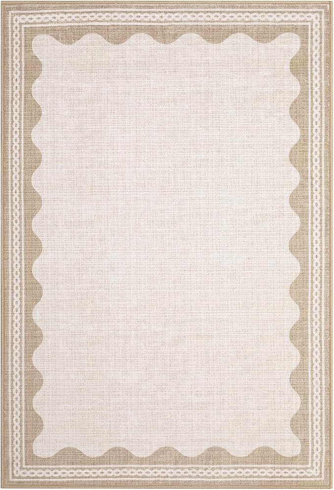 GarveeHome Scalloped Door Mat Indoor Rugs for Entryway Small Rug 2x3 Washable Non-Slip Solid Beige Modern Soft Low-Pile Throw Carpet for Bedroom Kitchen Bathroom Entrance