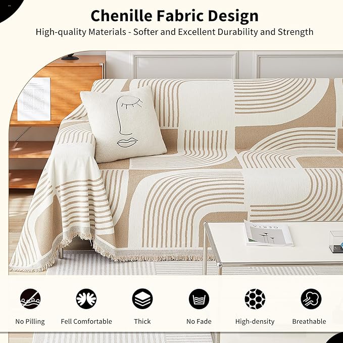 Boho Couch Cover Sofa Covers Washable, Chenille Couch Covers for 3 Cushion Couch Sofa Pet Friendly, Bohemian Sofa Slipcovers for Sectional Sofa, Loveseat, 2 3 4 Seater (71" x 102", Khaki)