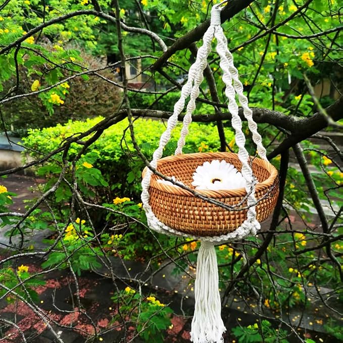 Boho Hanging Rattan Basket - 8.7” Woven Plant Hanger for Dried Flowers & Greenery - Decorative Macrame Wall Basket for Indoor Home Decor - Handmade Wicker Storage for Farmhouse, Living Room