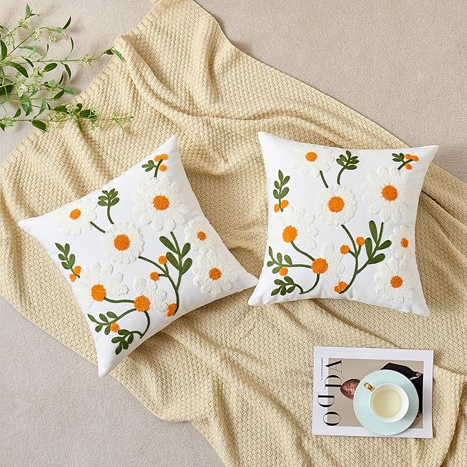 Embroidered Floral Throw Pillow Covers Decorative Couch Pillow Covers Farmhouse White Flowers Tufted Pillow Covers 18x18 Square Summer Cushion Cases Set of 2 for Living Room Couch Sofa Bed Home Decor