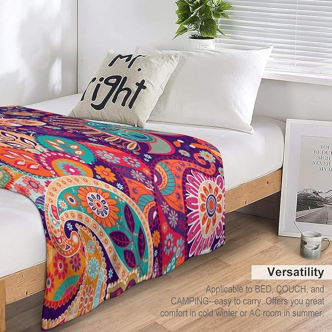 Boho Paisley Floral Throw Blanket Mandala Indian Bohemian Colorful Flowers Blanket for Sofa Bed Couch Chair Or Dorm 30"x40"