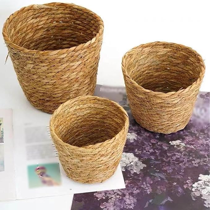 Woven Basket, Hand Woven Containers Flower Pots Boho Indoor Planter Decorative Flower Storage Organizer for Home Office Decoration (Medium)