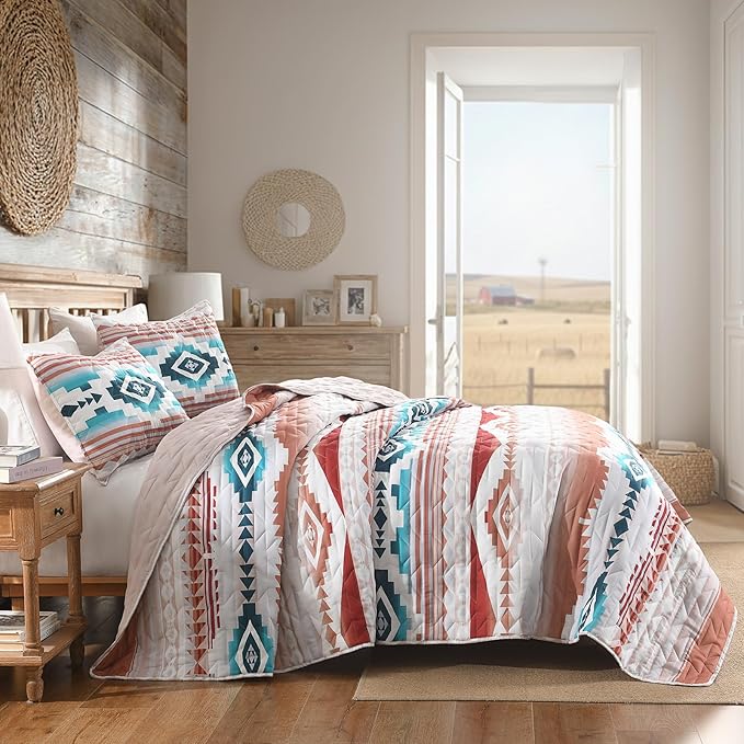 HORIMOTE HOME Southwestern Aztec Quilt Set Queen/Full Size - 3-Piece Tribal Geometric Pattern Bedspread with 2 Pillow Shams, Boho Rustic Bedding Set All Season Quilted Coverlet （Terracotta/Teal）