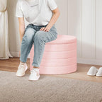 PINPLUS Ottoman with Storage, Foldable Round Ottoman Sherpa Stool with Tray, Boucle Foot Rest for Living Room, Bedroom, Dorm(Pink)