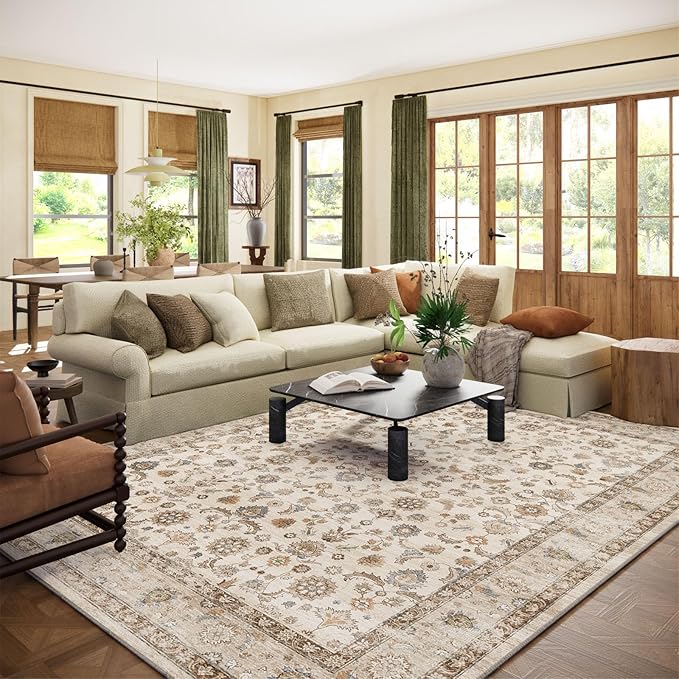 Washable Area Rugs for Living Room: 9x12 Bedroom Rug Boho Vintage Area Rug Stain Resistant Non Slip Low Pile Lightweight Soft Carpets for Dining Room Kitchen Nursery Kids Room Playroom Home Office