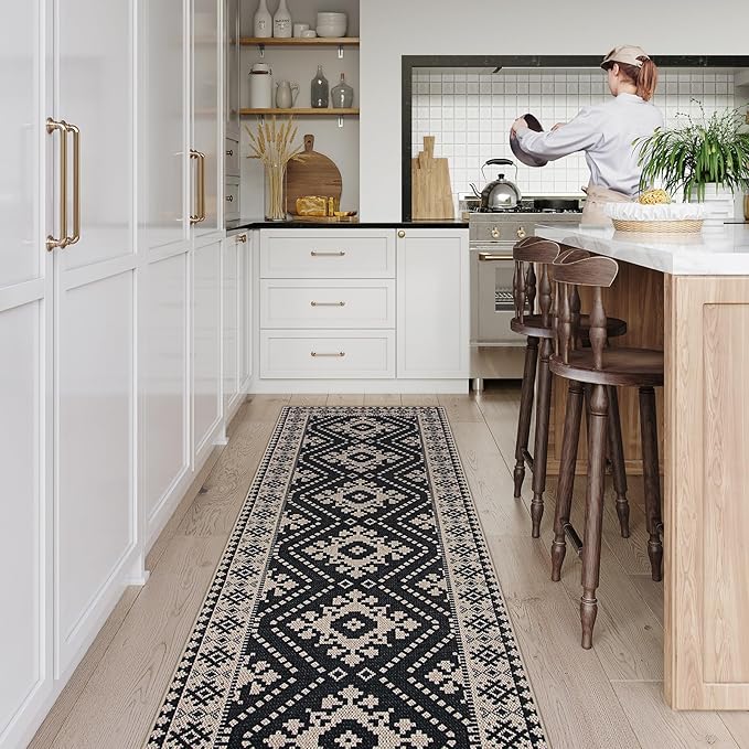 Lahome Bijou Moroccan Easy Jute Outdoor Runner Rug, 2x8 Washable Black Hallway Kitchen Runner Rug with Rubber Backing, Farmhouse Indoor Outdoor Carpet for Hallway 8ft Entryway Porch