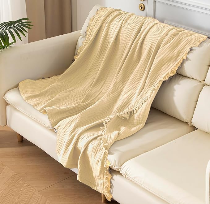 KyraHome 100% Organic Cotton Muslin Throw Blankets for Adults, Pre-Washed Plant Dyed, Women, Couch, Toddler, Lightweight Soft Gauze Blanket for Couch, All Season, Creamy