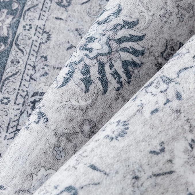8x10 Area Rug Blue Washable Vintage Carpet Living Room Bedroom Large Non Slip Stain Soft Resistant Low Pile Thin Boho Accent Indoor Throw Rug for Dining Room Office