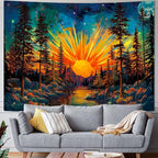 Racunbula Forest Sun Trippy Nature Tree Hippie Boho Mountain Wall Tapestry Aesthetic Starry Sky Vintage Magic River Hanging for Bedroom