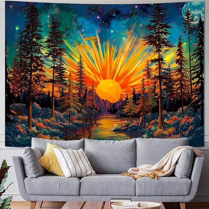Racunbula Forest Sun Trippy Nature Tree Hippie Boho Mountain Wall Tapestry Aesthetic Starry Sky Vintage Magic River Hanging for Bedroom