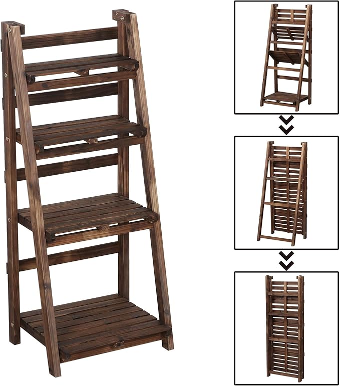 Yaheetech Wooden Foldable Ladder Shelf 4-Tier Magazine Holder Book Rack Plant Stand Folding Flower Display Pot Decorative Storage Free Standing Indoors/Outdoors Rustic No Assembly Required Brown