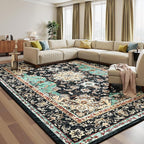 Amearea Vintage Design Black Area Rugs for Living Room, 4x6 Machine Washable Floral Collection Traditional Bedroom Rug, Low Pile Kids Room Carpet, No Slip Office Kitchen Home Decor, Black and Green