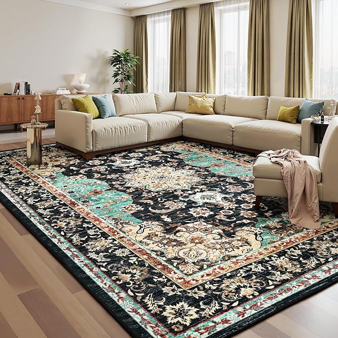 Amearea Vintage Design Black Area Rugs for Living Room, 4x6 Machine Washable Floral Collection Traditional Bedroom Rug, Low Pile Kids Room Carpet, No Slip Office Kitchen Home Decor, Black and Green