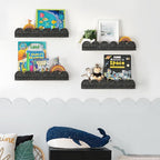 AELS Scalloped Nursery Bookshelf, Set of 4, Picture Ledge Shelf for Wall Decor, Woven Natural Fibre Floating Shelves for Books, Toys, Photo Frames, Nursery, Boho Modern Farmhouse Book Shelf, Black
