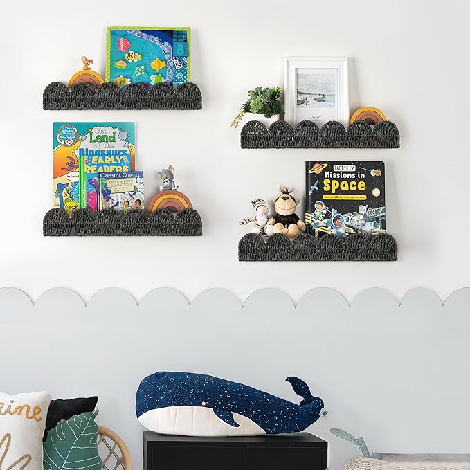 AELS Scalloped Nursery Bookshelf, Set of 4, Picture Ledge Shelf for Wall Decor, Woven Natural Fibre Floating Shelves for Books, Toys, Photo Frames, Nursery, Boho Modern Farmhouse Book Shelf, Black