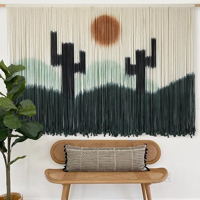Macrame Wall Hanging Green Cactus Wall Decor Macrame Wall Decor 57" W x 35" L Dip-Dye Large Yarn Tapestry Fiber Art Home Decor