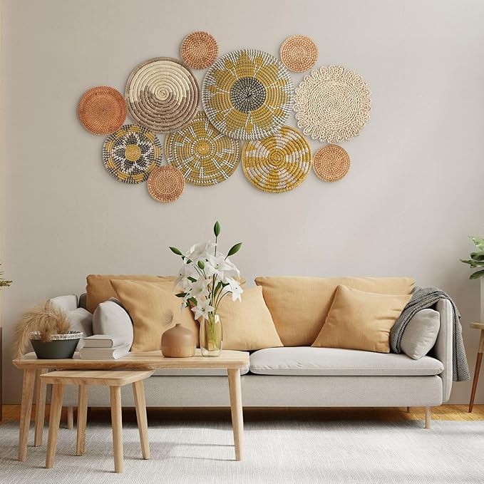 Tatuo 11 Pcs Boho Wall Basket Decor Decorative Bulrush Woven Basket Wall Decor Art Round Farmhouse Hanging Baskets for Kitchen Rustic Home Summer Decorations, Multi Sizes(Lively)