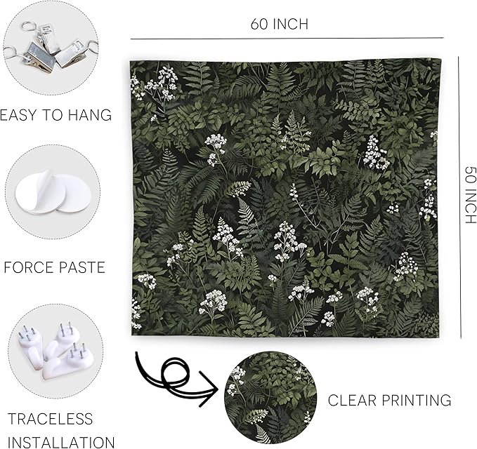 WNAGT Deep Green Floral Botanical Tapestry Wall Hanging, Cottage Core Decor, Vintage Fern Leaf Plant Flower Wall Blanket Decor for Home Bedroom Living Room, 50x60 Inch