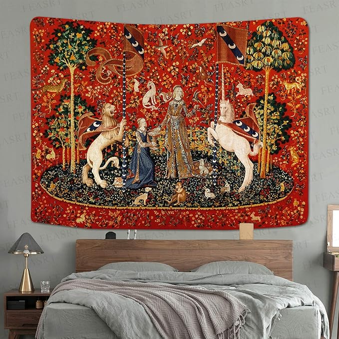 FEASRT European Royal Tapestry Medieval Princess Tapestry, 60x40 Inches Soft Flannelette, Lady and Unicorn for Living Room Bedroom Dorm Decor