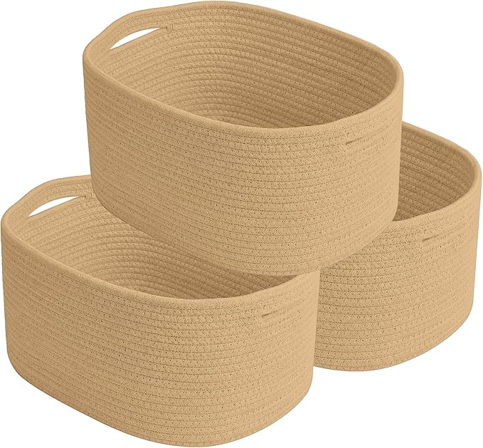 Cotton Rope Storage Basket, 15x10x9 Inches, Woven Basket for Shelves, Clothes, Towels, Books, and Laundry, Jute Brown (3 Pack)