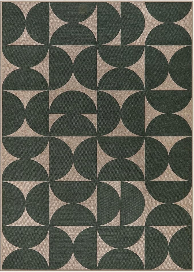 Lahome Modern Geometric Easy Jute 5x7 Washable Green Outdoor Rug, Non Shedding Woven Carpets for Living Room, Neutral Semi-Circle Non Slip Rug for Classroom Office Backyard