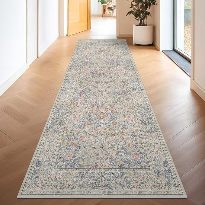 Washable 3x20 Wide Hallway Runner Rug - Beige Blue Ultra Soft Extra Long Runner Non Slip, Low Pile Stain Resistant Boho Pastel Rug for Large Kitchen, Entryway