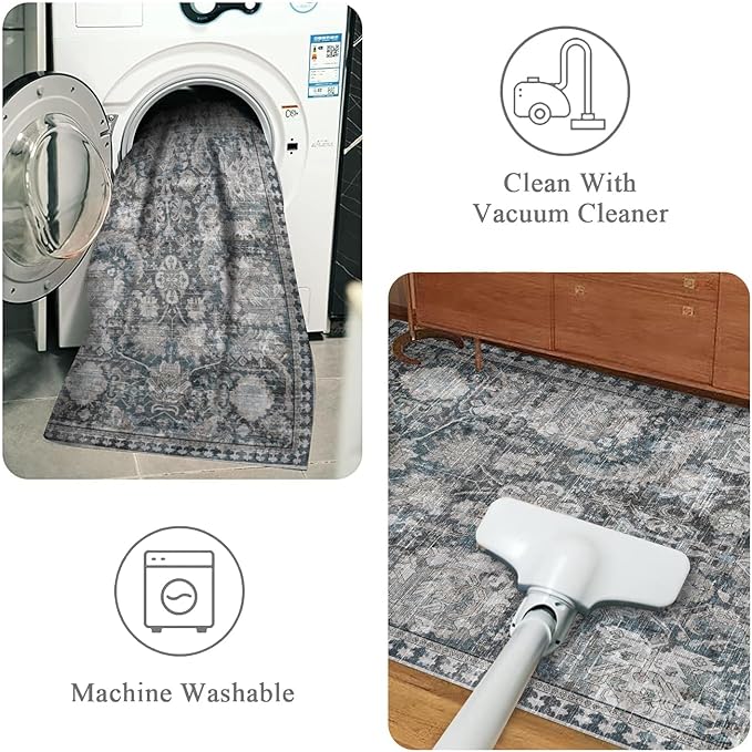 RUGSURE Washable Area Rugs - Perfect for Living Room, Bedroom, Kids Room, Nursery - Stain & Water Resistant Non-Slip, Pet & Child Friendly, Vintage Tribal Area Rugs (Grey and Blue, 6' x 9')