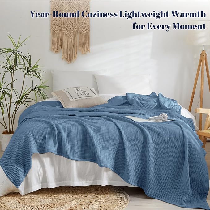 PHF 100% Cotton Muslin Blanket King Size 108"x90", 4-Layer Lightweight Gauze Throw, Breathable Cloud-Soft Minimalist Blanket for Bed, Couch, Camping & Baby, Denim Blue, Ideal Gift