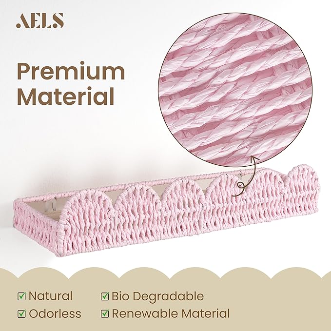 AELS Scalloped Nursery Bookshelf, Set of 4, Picture Ledge Shelf for Wall Decor, Woven Natural Fibre Floating Shelves for Books, Toys, Photo Frame, Nursery, Boho Modern Farmhouse Book Shelf, Pale Pink