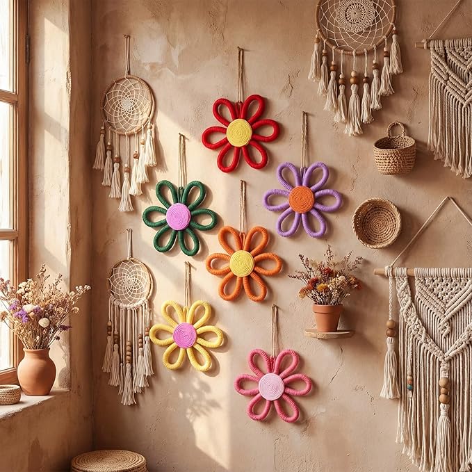 Ripeng 6 Pcs Boho Nursery Decor Flower Daisy Wall Art 6 Inch Woven Macrame Wall Hanging Bohemian Flower Decor Daisy Nursery for Baby Girls Kids Home Bedroom(Rainbow Color)