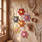 Ripeng 6 Pcs Boho Nursery Decor Flower Daisy Wall Art 6 Inch Woven Macrame Wall Hanging Bohemian Flower Decor Daisy Nursery for Baby Girls Kids Home Bedroom(Rainbow Color)