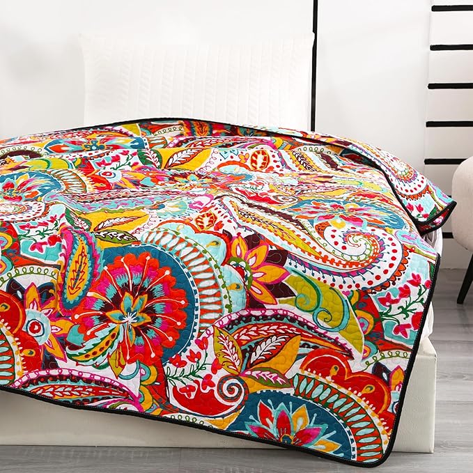 Qucover Cotton Quilted Throw Blanket, Soft Boho Quilt 59"x79", Bright Colorful Red, Orange, Pink and Blue Reversible Paisley Lightweight Quilts for Couch Sofa Beds