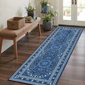 Lessymo 2 x 6 Runner Rug- Machine Washable Area Rugs Boho Faux Wool Low Pile Area Rug for Bedroom, Floral Medallion Vintage Rugs with Non-Slip Rubber,Blue White