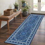 Lessymo 2 x 6 Runner Rug- Machine Washable Area Rugs Boho Faux Wool Low Pile Area Rug for Bedroom, Floral Medallion Vintage Rugs with Non-Slip Rubber,Blue White