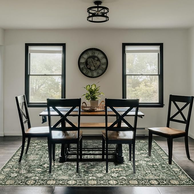 Area Rug 8×10 Washable Rugs for Bedroom, Vintage Floral Rug Soft Non Slip Stain Resistant Carpet for Living Room Dinning Room Kitchen Home Office Green Black