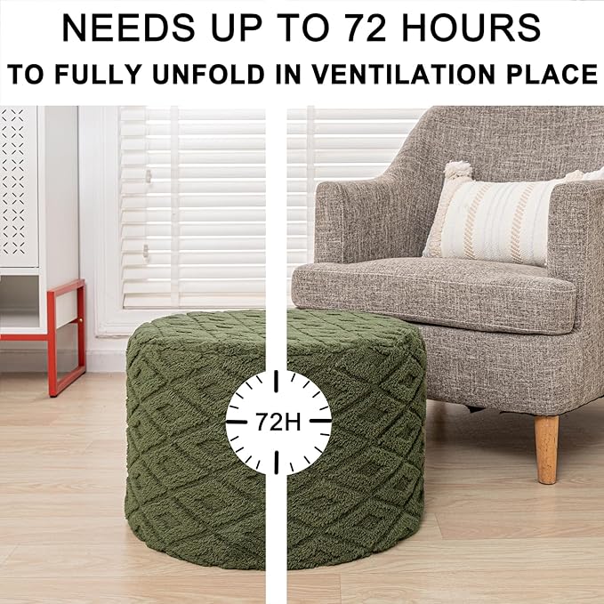 Fluffy Round Ottoman Pouf with All-in-One Foam Filling 20" x 14" Furry Ottoman Foot Rest Foot Stool for Living Room or Bedroom (Green)