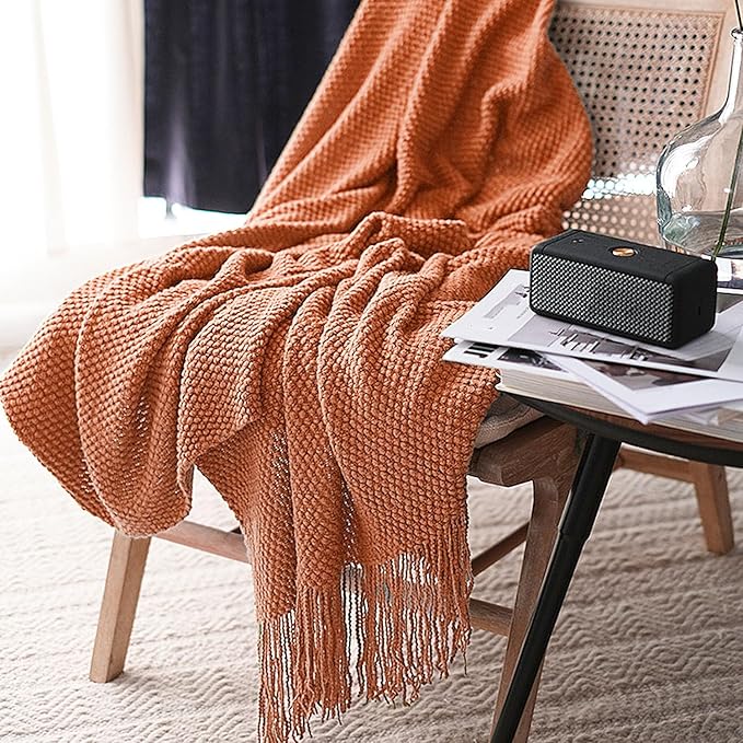 LOMAO Knitted Throw Blanket with Tassels Bubble Textured Lightweight Throws for Couch Cover Home Decor (Orange, 60x80)