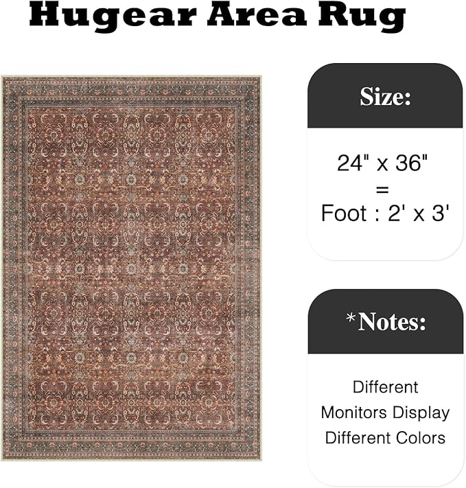 HUGEAR 2x3 Entryway Area Rug Vintage Brick Red Small Rug Machine Washable Door Mat Retro Floral Low Pile Carpet Vacuumable Distressed Throw Rug Entrance Kitchen Bathroom Bedroom Non Slip Lightweight