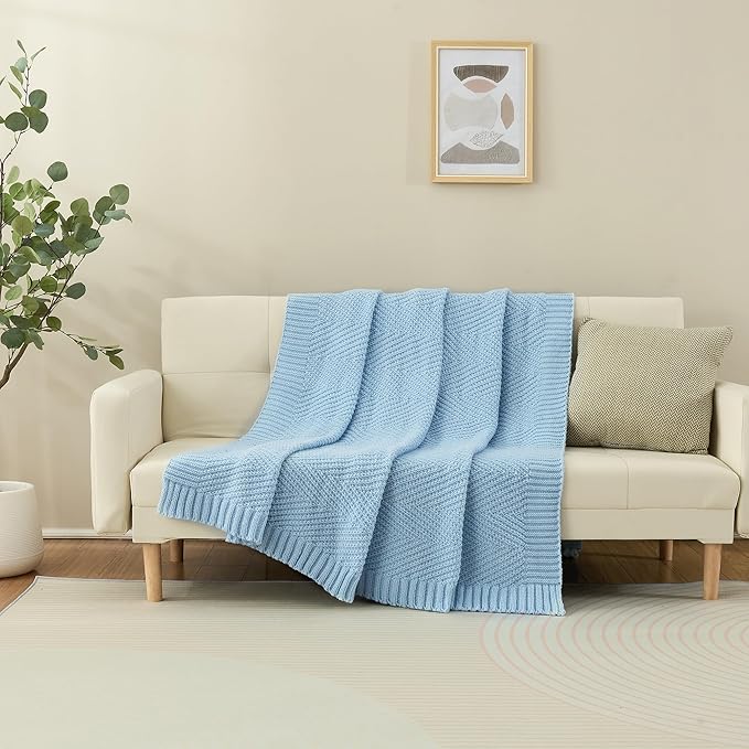 Knitted Throw Blanket 50"X60", Light Blue Knit Throws for Bed, Super Soft Boho Chevron Blankets for Couch Sofa Chair Room Decor, Textured Decorative Farmhouse Cozy Lightweight