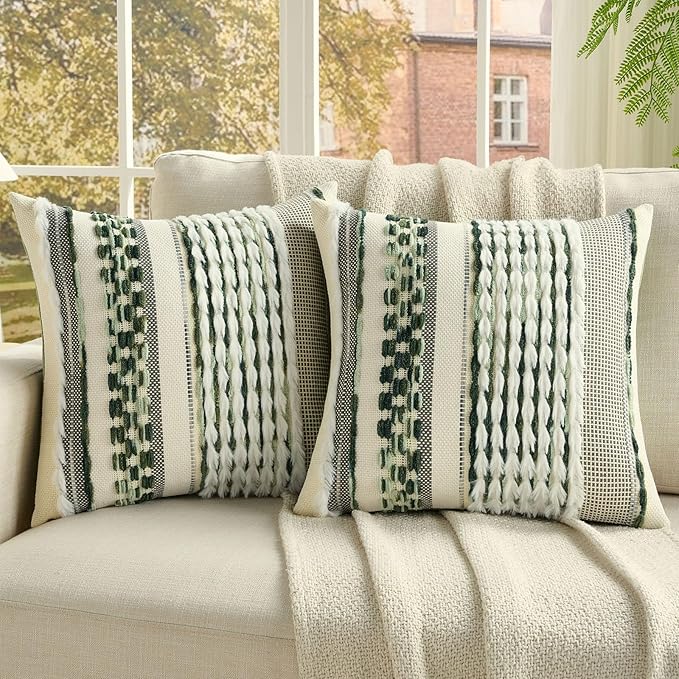 FUTEI Green Accent Throw Pillow Covers Set of 2, 20x20 Inch Plush Tufted Striped Textured Decorative Cushion Cases for Farmhouse Boho Couch Decor