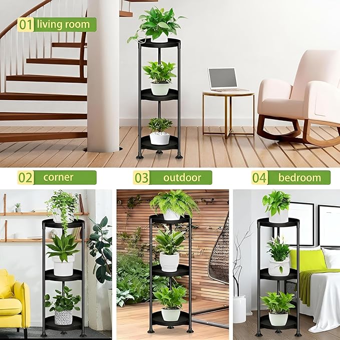 SYQ 3 Tier Plant Stand Indoor Outdoor - 34'' Extra-Tall Metal Plant Stands for Potted Plants Multiple Tiered Plant Shelf Vertical Black Iron Planter Rack Large Flower Pot Holder Table for Patio Corner