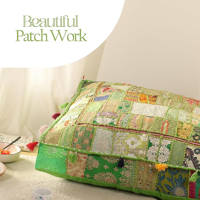 THE ART BOX Cotton Patchwork Vintage Boho Embroidered Floor Pillows & Cushion Cover Green Pouf Seating Pouf Meditation Pillow Pet Bedding Bed Boho Home Décor (35x35 Inches, Cover Only)