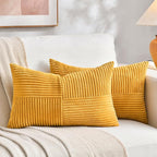 Fancy Homi 2 Packs Gold Yellow Lumbar Decorative Throw Pillow Covers 16x24 Inch for Couch Bed Sofa, Rustic Farmhouse Boho Spring Home Decor, Soft Striped Corduroy Rectangle Accent Cushion Case 40x60cm