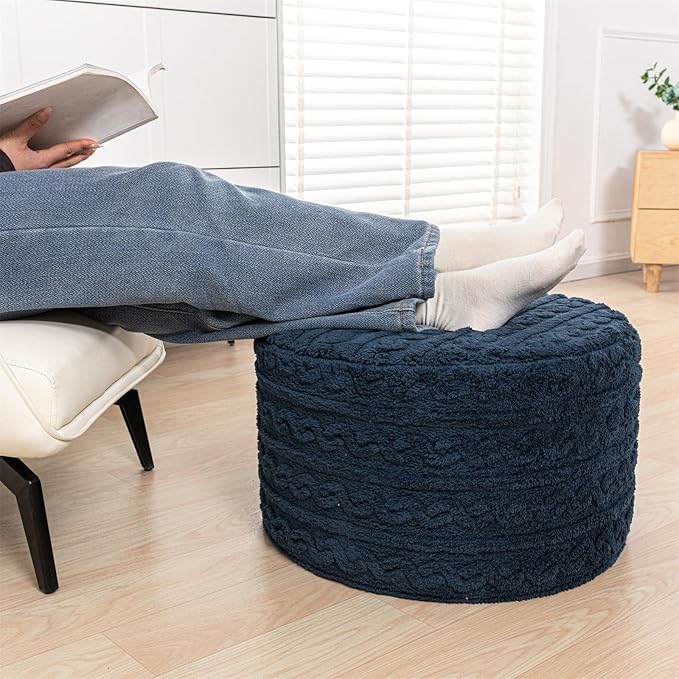 Asuprui Round Pouf Ottoman Stuffed Pouf Foot Stool Floor Chair for Living Room Bedroom Filled Boho Poof Foot Rest for Couch 20 Diameter x 12 Height Navy Blue Pouf with Filler